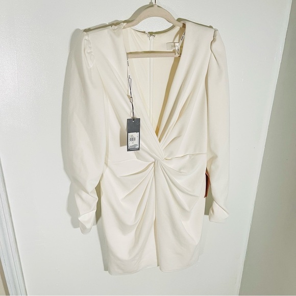 NEW Tadashi Shoji Sabine Plunge V-Neck Twist-Front Long-Sleeve Mini Dress White - Picture 5 of 12